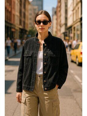 Womens Sz XL Faded Corduroy Utility Jacket Faded Blue Relaxed Cozy Casual